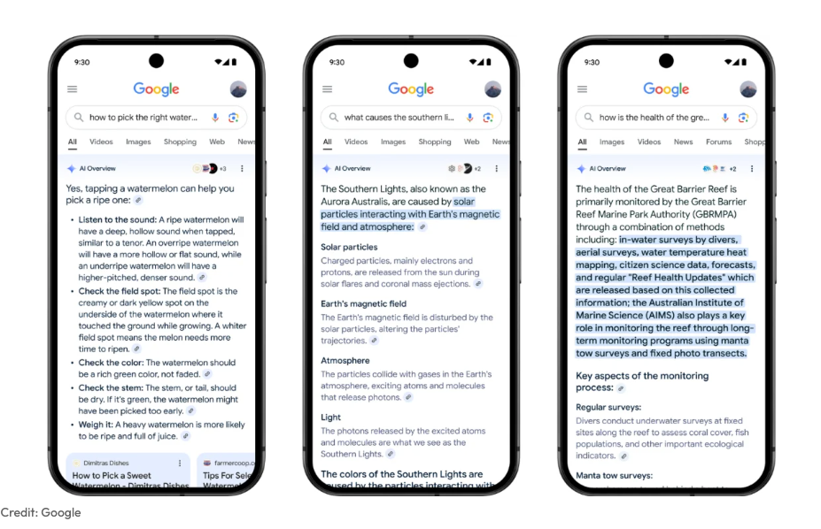 Phones showing AI overviews on google