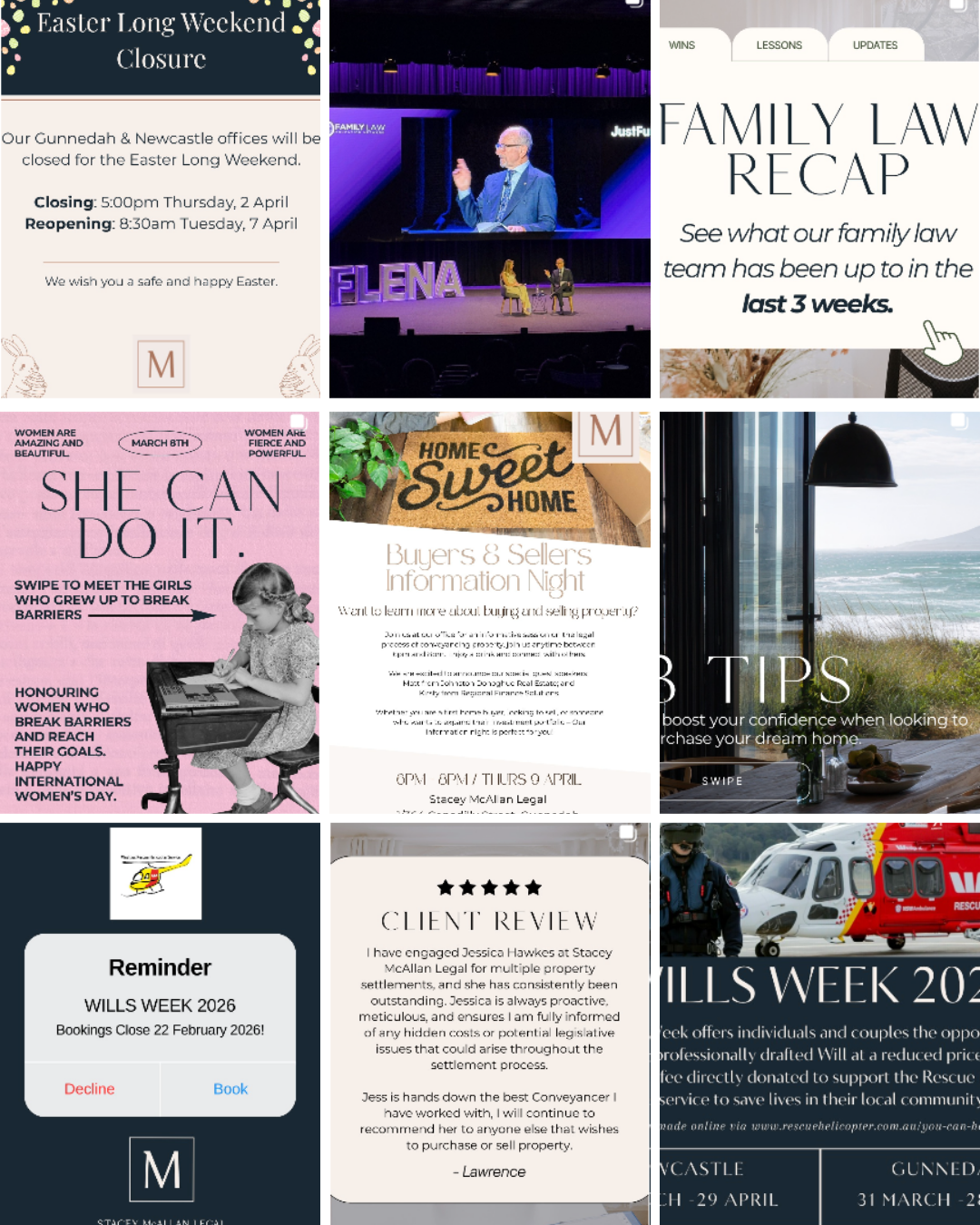 Stacey McAllan Legal Instagram grid before and after pepperit, showing a shift from inconsistent colours and formats to a consistent navy, terracotta and cream brand system