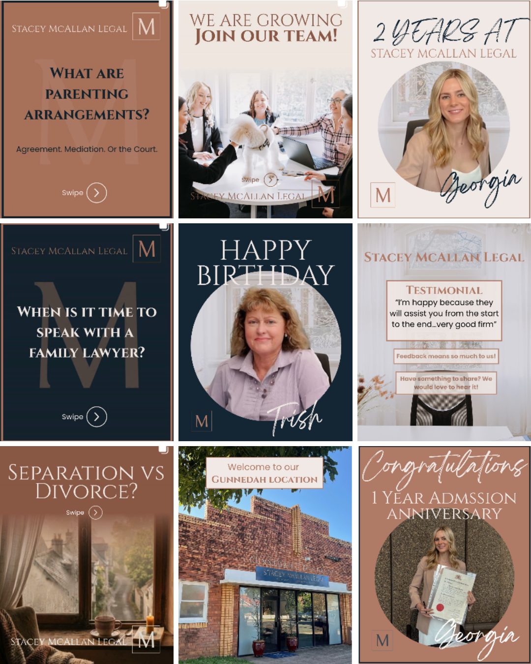 Stacey McAllan Legal Instagram grid before and after pepperit, showing a shift from inconsistent colours and formats to a consistent navy, terracotta and cream brand system