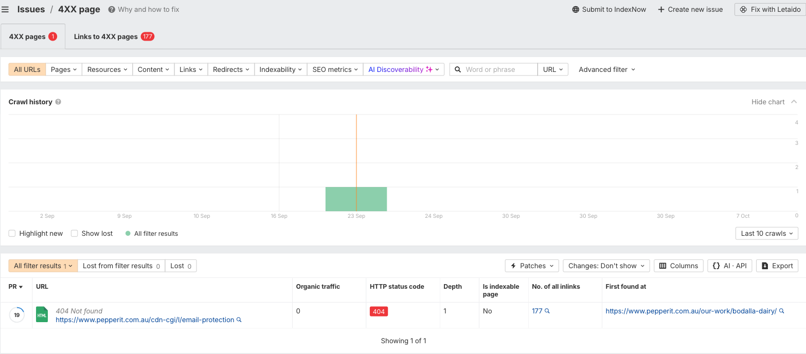 Ahrefs Site Audit report showing the page /cdn-cgi/l/email-protection returning a 404 error, with 177 internal links pointing to it.
